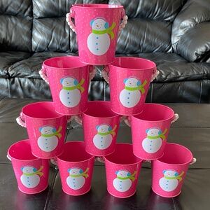 NEW Lot of 10 pink snowman metal pails with white bead handles